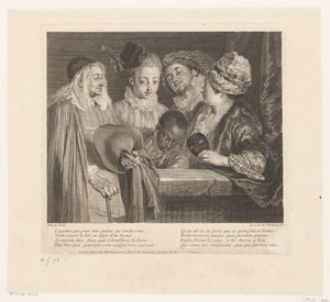Gezelschap av fem skådespelare vid en bröstvärn The Coquettes Verk av Antoine Watteau (serietitel) Verk av Antoine Watteau, kungens målare i hans Royal Academy of Painting and Sculpture (...) (serietitel) av Simon Henri Thomassin