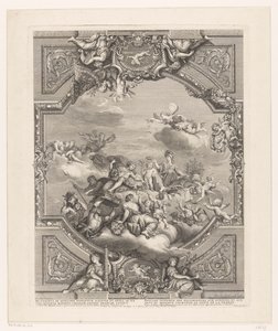 Takmålning i Versailles: Apollo delar ut belöningar till konst och vetenskap, Minerva kröner Frankrikes geni av Simon Henri Thomassin