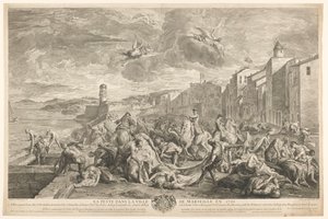 Böldpestoffer dödas i La Tourette, Marseille La Peste dans la ville de Marseille en 1720 (titel på objekt) av Simon Henri Thomassin