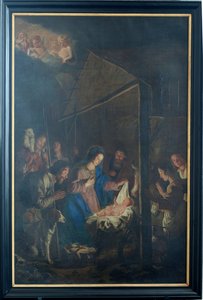 Sockenkyrka (Vår Fru av Himmelsfärdskyrkan). Interiör. målning. Julscen. Simon DePaepe. Ursprung kloster Ename (?).