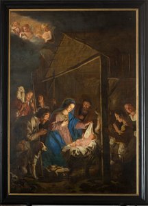 Sockenkyrka (Vår Fru av Himmelsfärdskyrkan). Interiör. målning. Julscen. Simon DePaepe. Ursprung kloster Ename (?).