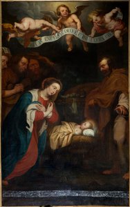 Församlingskyrka (Saint Laurentius församlingskyrka). Interiör. norra gången. Altaret. målning. "Kristi födelse". signerad Simon de Pape. 1666.