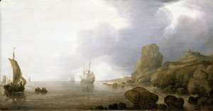Båtar i det grunda vattnet i en klippig vik, en romantisk och idealiserad vision. Olja på trä, av Simon de Vlieger (1600-1653).