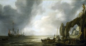 Holländska krigsfartyg ankrar utanför en klippig kust, några besättningsmän landar på stranden, samlade runt fiskekorgar