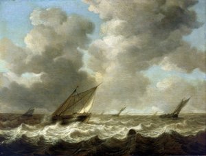 Fiskebåtar på grov sjö, i horisonten syns den holländska kusten. Olja på trä av Simon Jacobsz. Vlieger