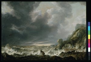 Fartyg i nöd utanför en stenig kust, ca 1645 (olja på trä)