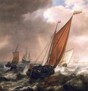 Litet holländskt transportfartyg, före brisen, i det lugna, grunda vattnet längs kusten, med flaggan för Admiraut Zeeland (nordöstra Nederländerna) samt Hollands flagga av Simon Jacobsz. Vlieger