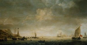 Stranden vid Scheveningen med fiskare på stranden