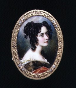 Porträttminiat av Georgina Carolina, Lady Astley, ca 1827 (akvarell på elfenben)