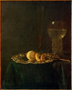 Bankettstilleben med silverfat, citroner, romersk och flöjt av Simon Luttichuys