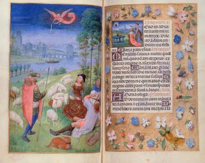 Lägg till 38126 fol.79v-80 Bebådelsen till herdarna, från Huth Hours