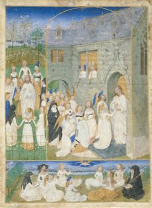 De heliga jungfrurna hälsade av Kristus när de går in i paradisets portar, ca. 1467-70.
