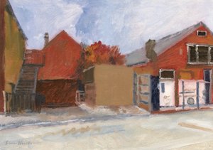 Elnätstation och byggnader, 2023 (olja på pannå) av Simon Neville