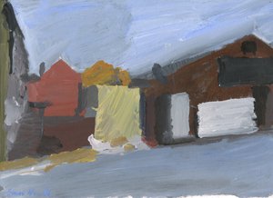 Elnätstation och gamla byggnader nr 2, 2023 (akryl på papper) av Simon Neville