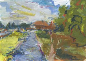 Pavenment  shortcut to houses, 2024 (akryl, akvarell, akvarellpennor  oljepastell på papper) av Simon Neville