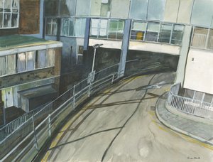 Järnvägsstationens taxientré, 2019 (akvarell  gouache på papper) av Simon Neville