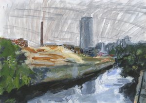 River Wandle and Ram Brewery redevelopment site, Wandsworth, 2025 (akryl, akrylfärgspennor, tuschpennor, oljebaserade tuschpennor och grafit på papper) av Simon Neville