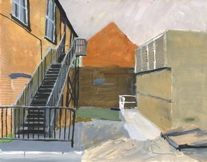 Small courtyard, Wandsworth, 2025 (akryl, akrylfärgspennor, tuschpennor, oljebaserade tuschpennor och grafit på papper) av Simon Neville