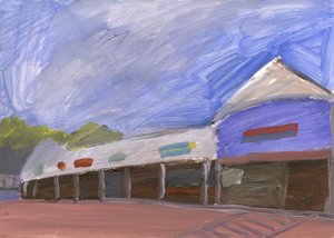 Strip Mall 4, 2023 (akryl på papper) av Simon Neville