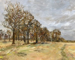 Woodland, Richmond Park no 6, 2022 (olja på duk) av Simon Neville