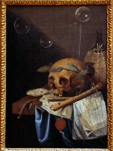 Vanite stilleben av skalle krona av lagrar, flöjter, partitur och vinkanna. Målning av Simon Bernard av Saint Andre (1613-1677) 1600-talets sön. 0,6x0,43 m Lyon, Musee des Beaux Arts