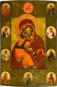 Jungfrun av Vladimir med utvalda heliga par Ushakov, Simon (Pimen) Fyodorovich (1626-1686). Tempera på panelen
