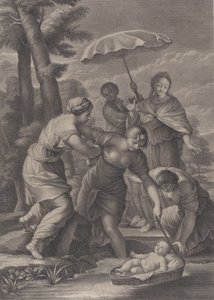 Tre kvinnor drar i korgen med spädbarnet Moses från vattnet, ca. 1729. av Simon Vallee