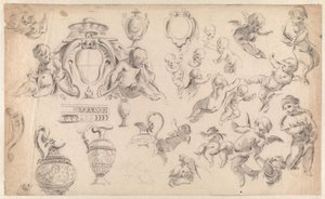 Studie för en dekoration med putti och ornament av Simon Vouet