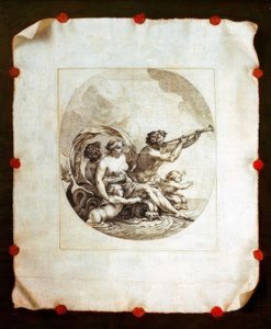 Trompe l’oeil med kopparstick av Galatea av Simon Vouet