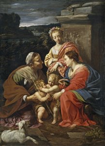 Jungfru och barn med Johannes Döparen som pojke, Saint Elizabeth och Saint Catherine, 1625-1626 av Simon Vouet