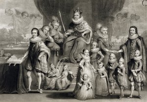 Hans Majestät James I och hans kungliga avkomma tillsammans med familjen till kungen av Böhmen, graverad av Charles Turner (1773-1857), 1814
