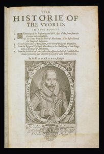Porträtt av Sir Walter Raleigh (1554-1618), titelsida från "The Historie of the World" av Sir Walter Raleigh.