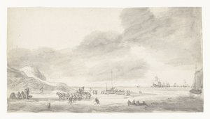 Strandscen med skalfiskare och vandrare av Simon de Vlieger (possibly)