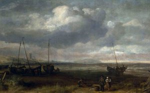 Havskusten i Scheveningen med fiskebåtar av Simon de Vlieger