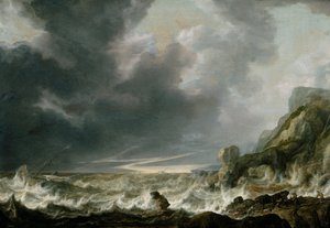 Fartyg i sjönöd utanför en klippig kust av Simon de Vlieger