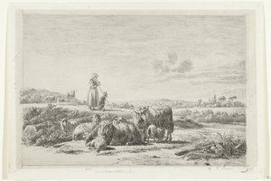 Landskap med en herdinna och hund med en flock får