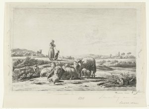 Landskap med en herdinna och hund med en flock får