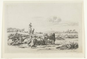 Landskap med herdinna och hund med flock får