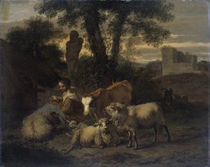Italienskt landskap med herdinna och flockar av Simon van der Does