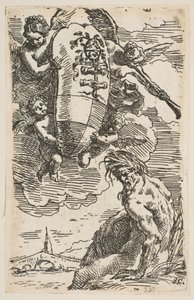 Allegori över Foglia-floden med staden Pesaros vapensköld, frontispice för ..., ca. 1639. av Simone Cantarini