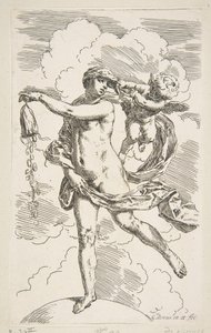 Förmögenhet som står på en jordglob och tömmer en plånbok på mynt, ca. 1635-1636. av Simone Cantarini