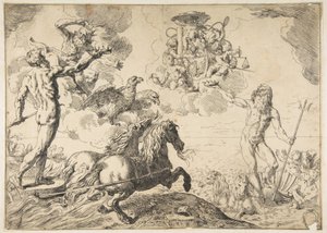 Jupiter, Neptunus och Pluto erbjuder sina kronor till kardinal Borgheses armar, 1642-43. av Simone Cantarini