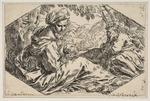 Vila i Egypten, Maria håller och tittar på spädbarnet Kristus medan St. Joseph s..., ca. 1637-1639. av Simone Cantarini