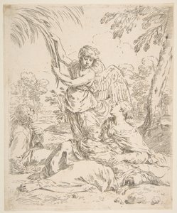 Vila i Egypten, Maria ammar spädbarnet Kristus medan en ängel drar i trädgrenar, ca. 1639. av Simone Cantarini