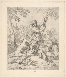 Vila i Egypten, Maria ammar spädbarnet Kristus medan en ängel drar i trädgrenen..., ca 1630-1648. av Simone Cantarini