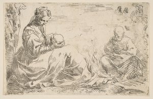 Vila på flyget till Egypten, Maria håller och tittar på spädbarnet Kristus medan St...., ca. 1637. av Simone Cantarini