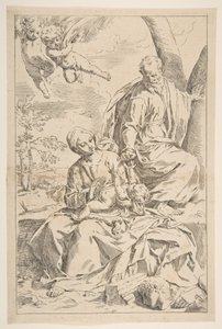 Vila på flykten till Egypten, Maria håller i spädbarnet Kristus medan St. Josef ger h..., ca. 1639. av Simone Cantarini