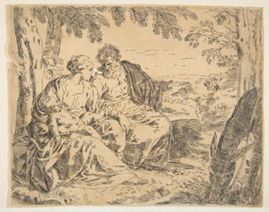 Vila på flykten till Egypten, Maria håller spädbarnet Kristus medan St ..., ca. 1637-1639 eller senare. av Simone Cantarini