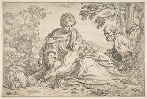 Vila på flyget till Egypten, Maria håller spädbarnet Kristus med St. Josef till höger, ca. 1640. av Simone Cantarini