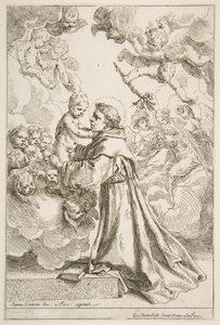 Sankt Antonius av Padua tillber Kristusbarnet i härlighet av Simone Cantarini